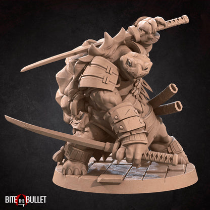Anthropomorphic turtle ninja wielding dual katanas. Resin miniature by Bite the Bullet.