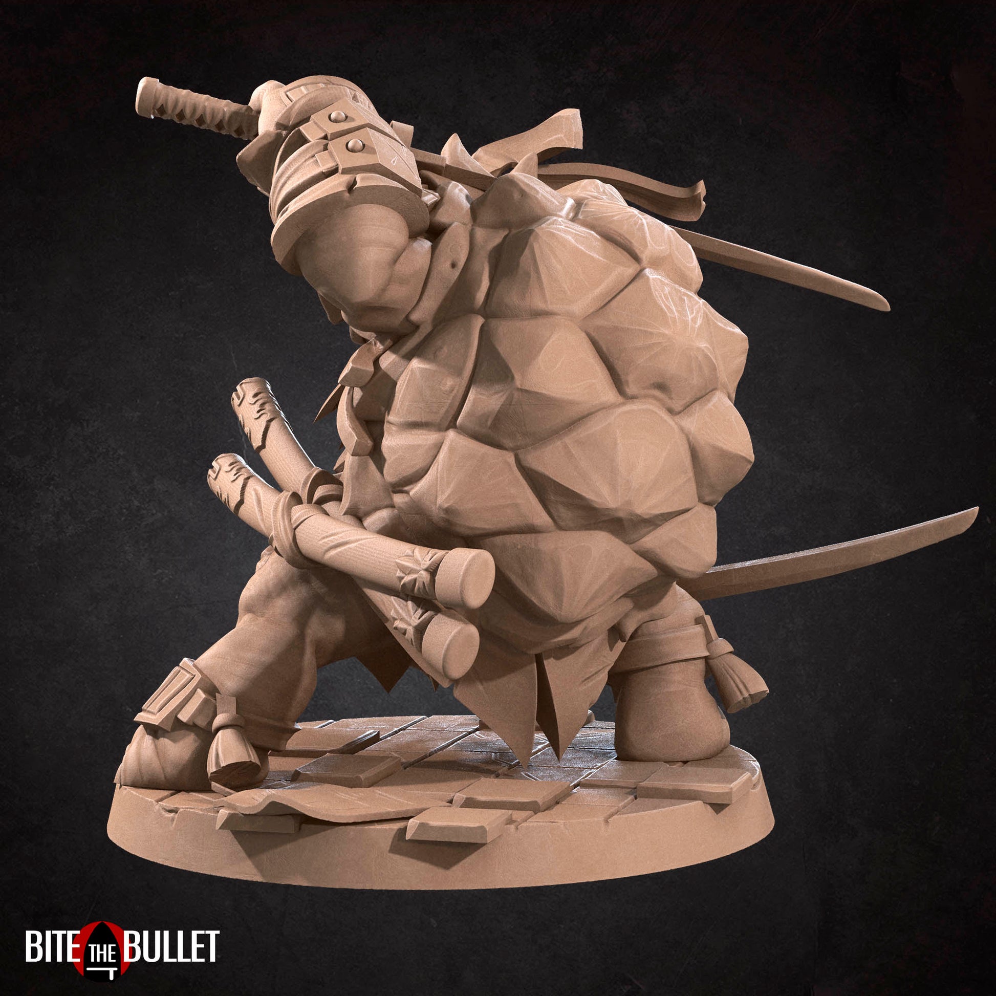 Anthropomorphic turtle ninja wielding dual katanas. Resin miniature by Bite the Bullet.