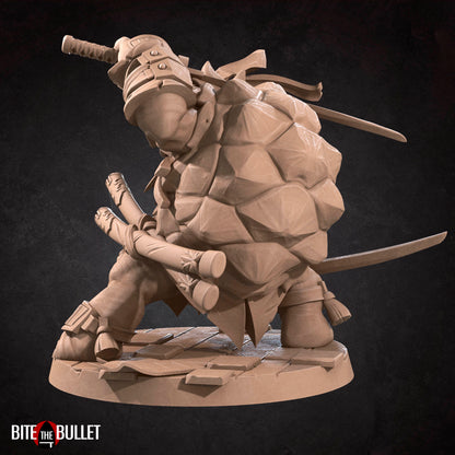 Anthropomorphic turtle ninja wielding dual katanas. Resin miniature by Bite the Bullet.