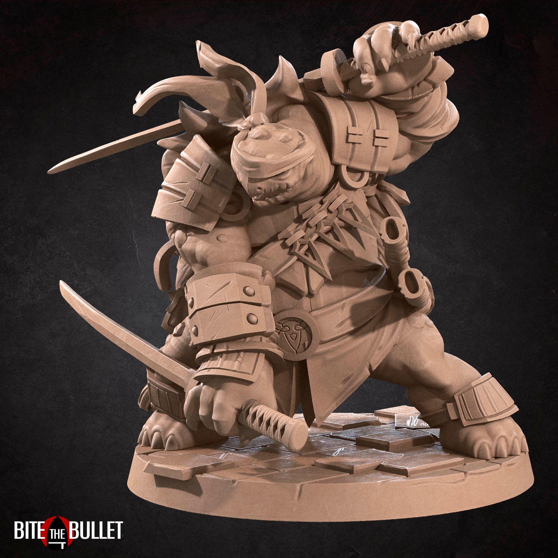 Anthropomorphic turtle ninja with a headband, wielding dual katanas. Resin miniature by Bite the Bullet.