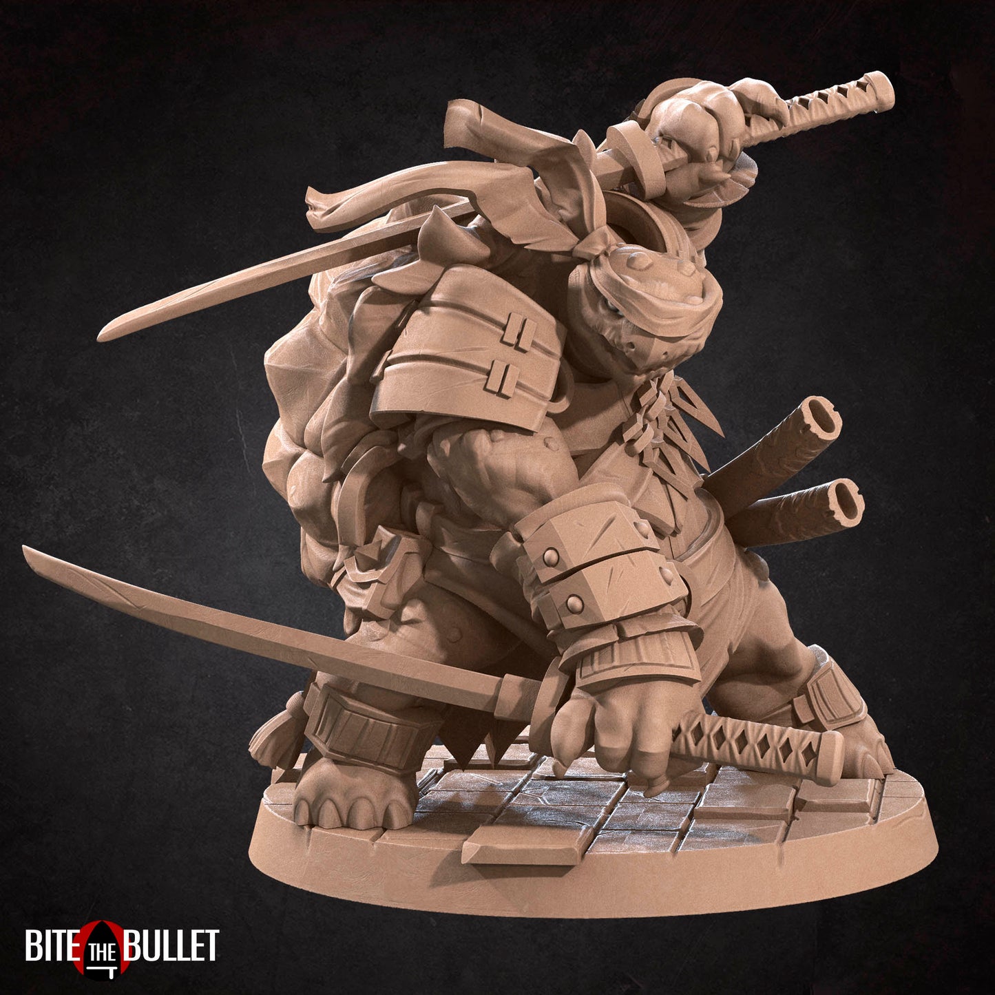 Anthropomorphic turtle ninja with a headband, wielding dual katanas. Resin miniature by Bite the Bullet.