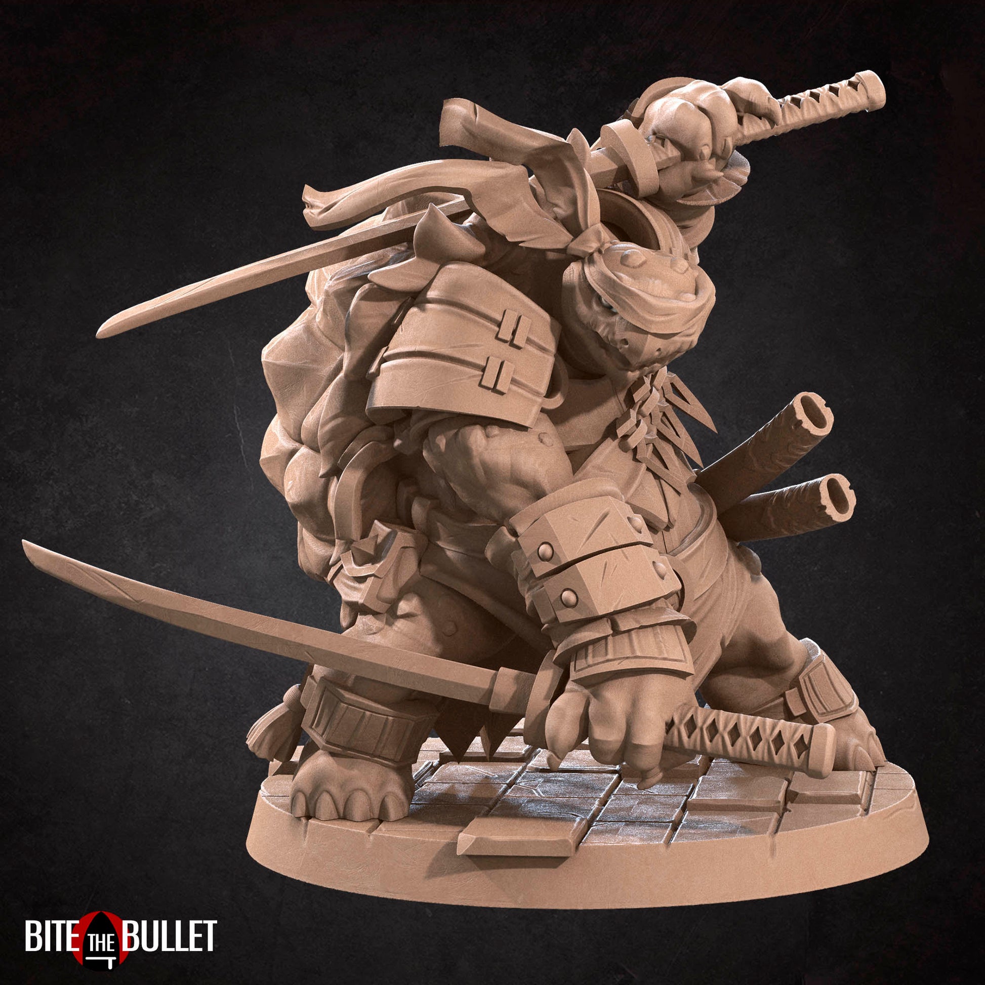 Anthropomorphic turtle ninja with a headband, wielding dual katanas. Resin miniature by Bite the Bullet.