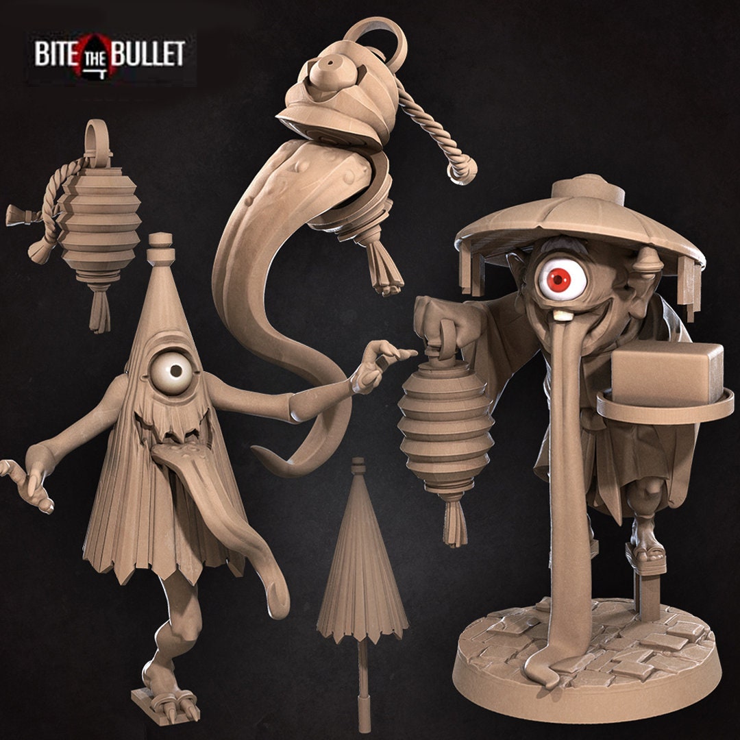 Collection of three yokai plus umbrella and lantern resin miniatures by Bite the Bullet.