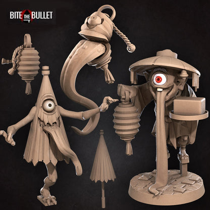 Collection of three yokai plus umbrella and lantern resin miniatures by Bite the Bullet.