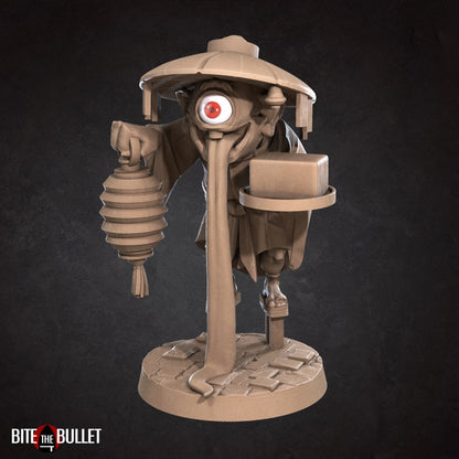 Hitotsume-Kozō (yokai with one eye and a tongue hanging to the ground) holding a lantern and wearing stilt shoes. Resin miniature by Bite the Bullet.