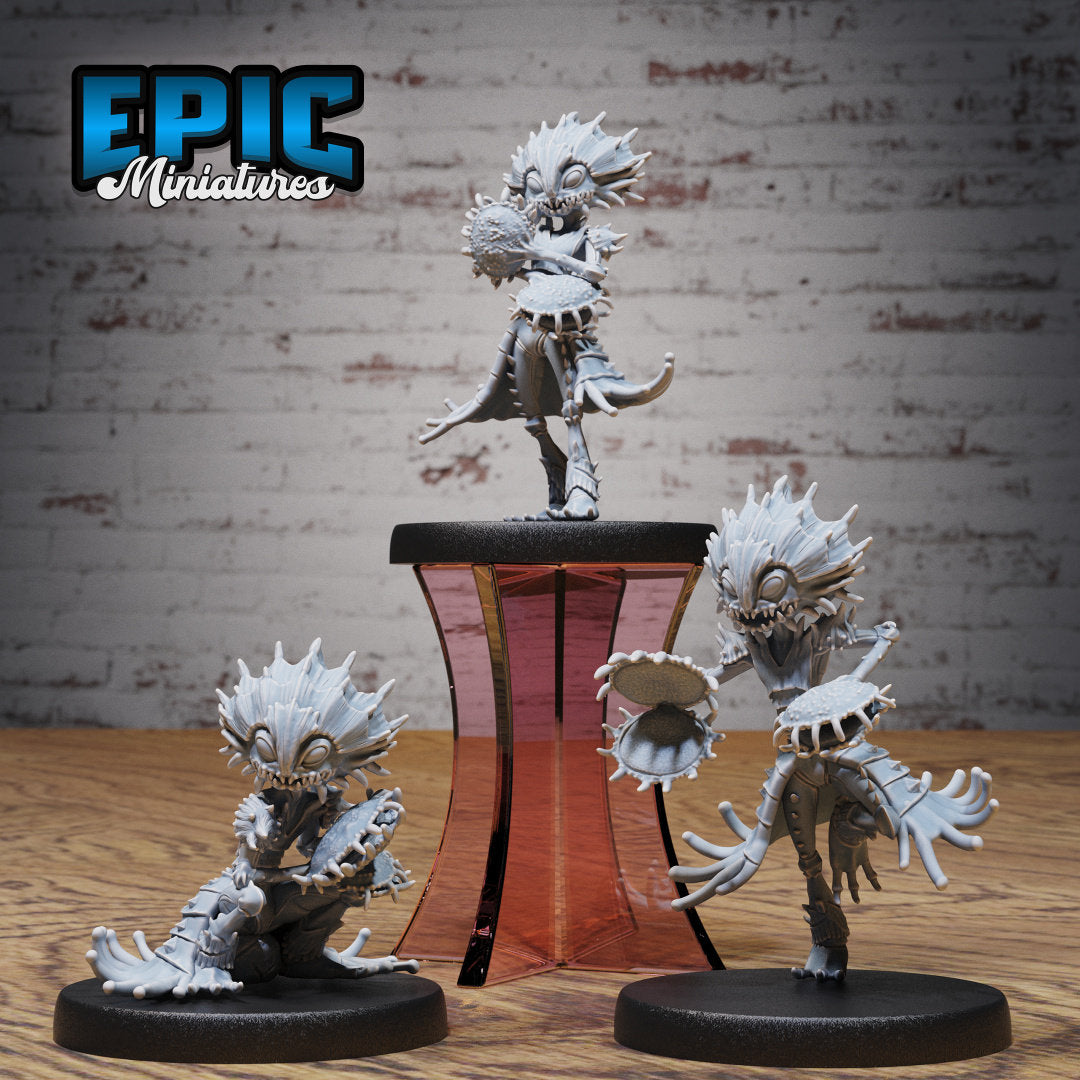 Three resin miniatures of anthropomorphic flytrap dryads by Epic Miniatures.