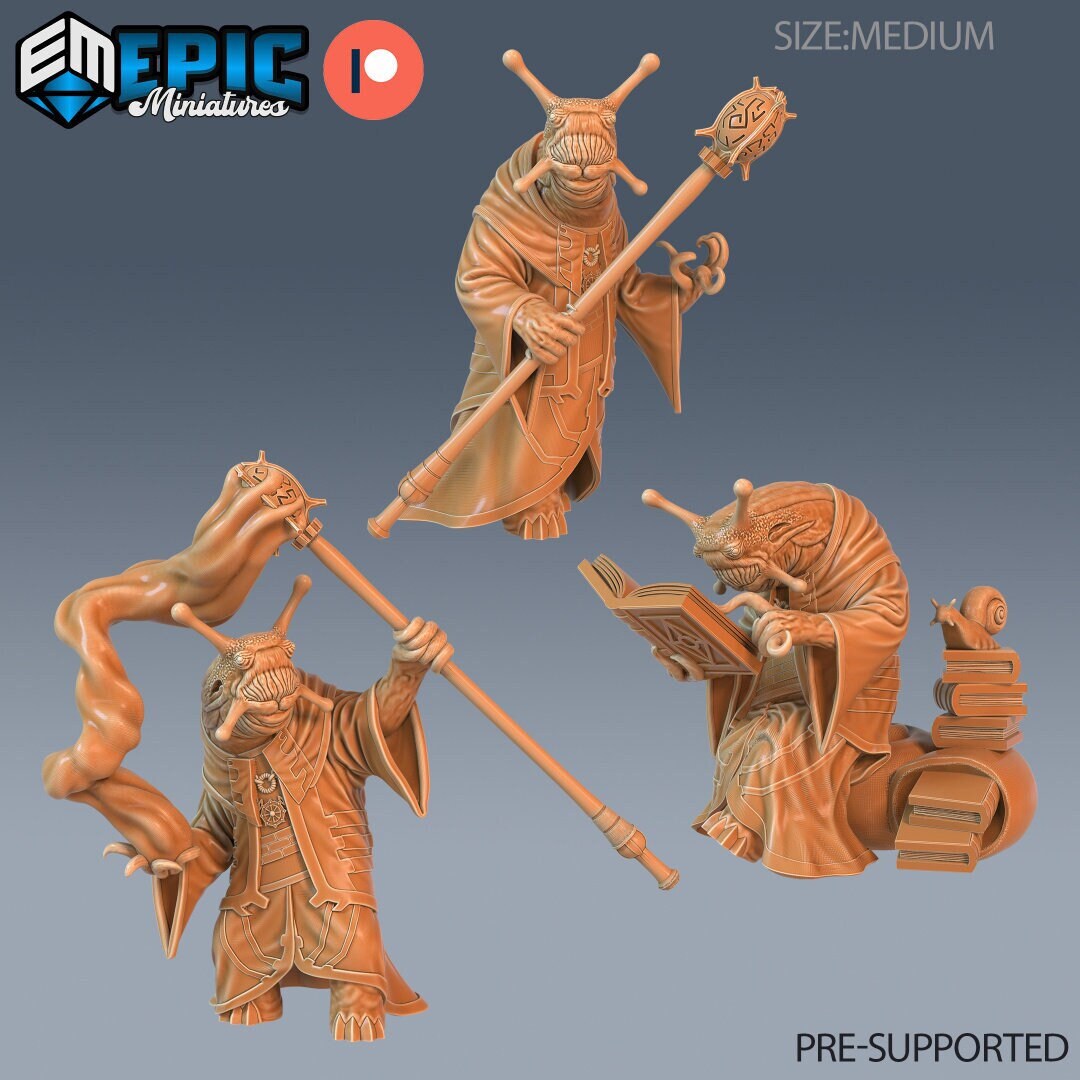 Three resin miniatures of anthropomorphic snail mages by Epic Miniatures.
