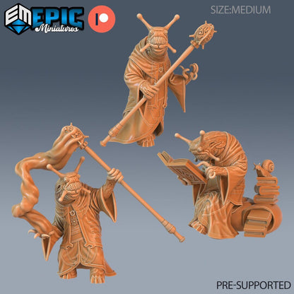 Three resin miniatures of anthropomorphic snail mages by Epic Miniatures.