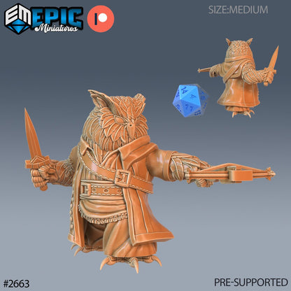 Resin miniatures by Epic Miniatures. Anthropomorphic owl option #2: crossbow up, dagger ready.