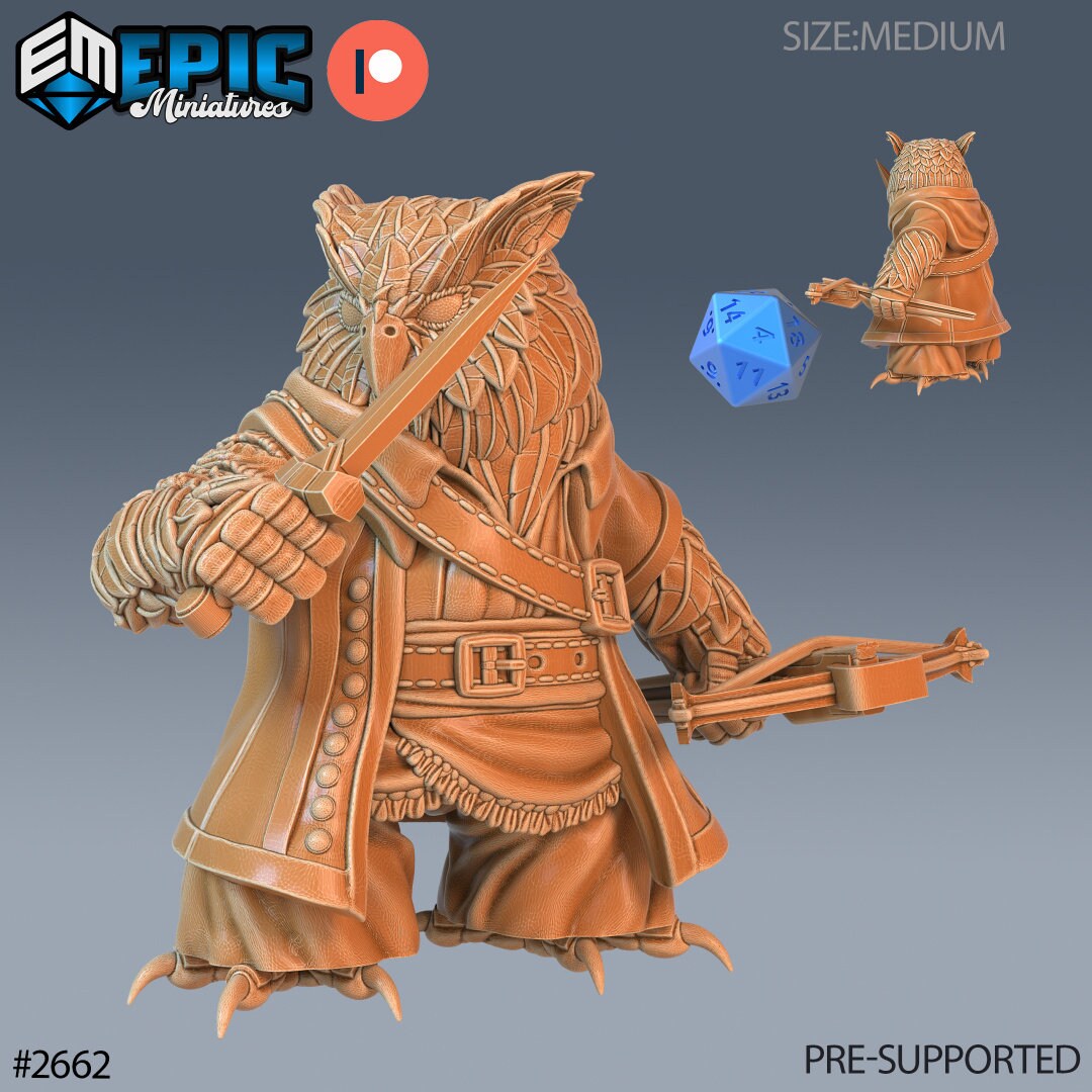 Resin miniatures by Epic Miniatures. Anthropomorphic owl option #1: crossbow down, dagger up.
