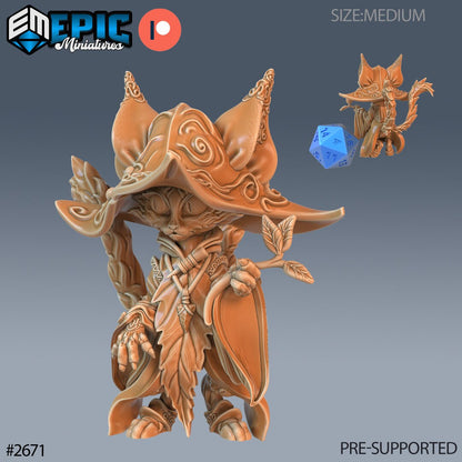 Resin miniatures by Epic Miniatures. Anthropomorphic cat druid option #3: holding a leafy branch, looking sideways.