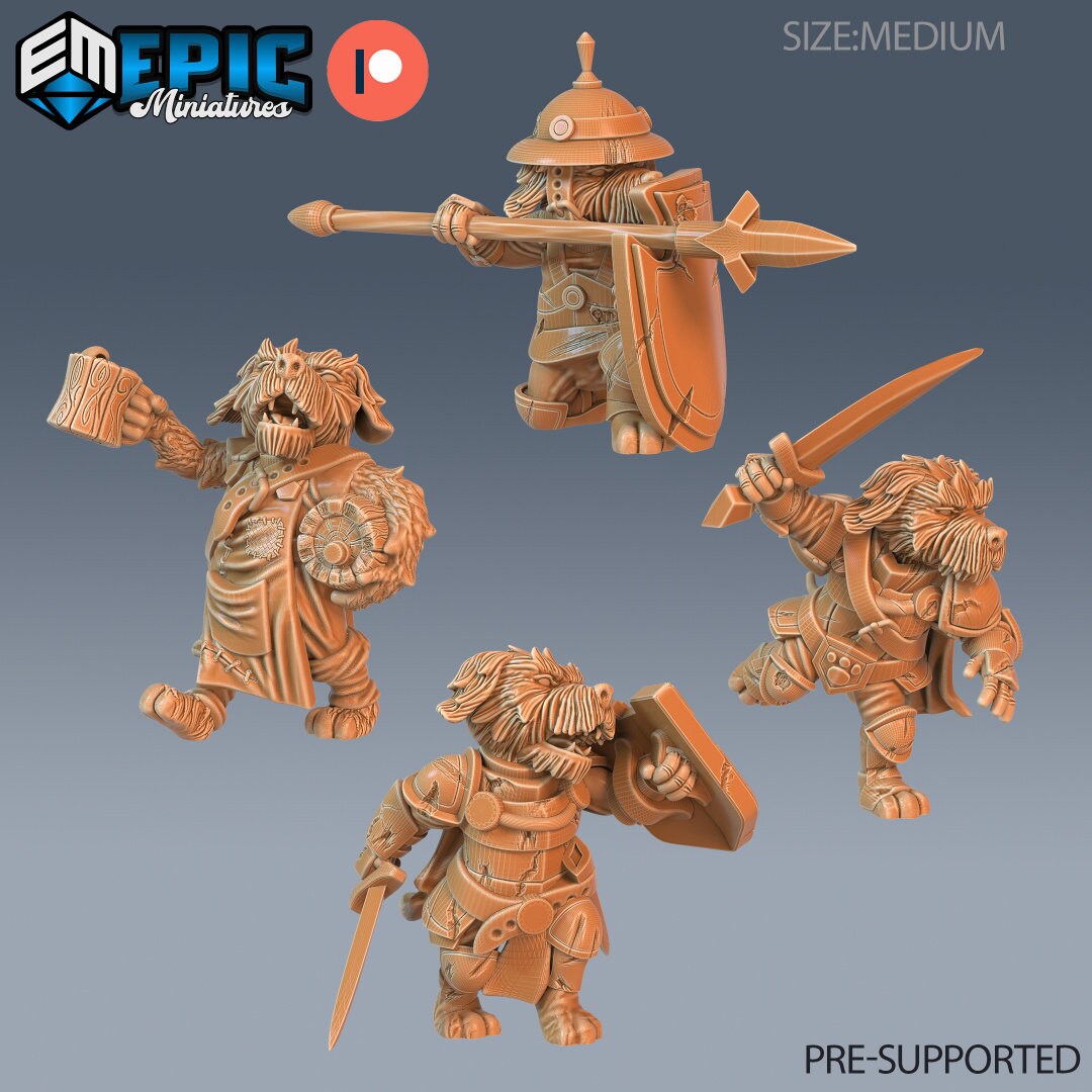 Resin miniatures by Epic Miniatures. Four anthropomorphic dog options.