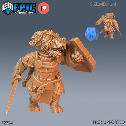 Resin miniatures by Epic Miniatures. Anthropomorphic dog option #5: fighter with sword and raised shield.