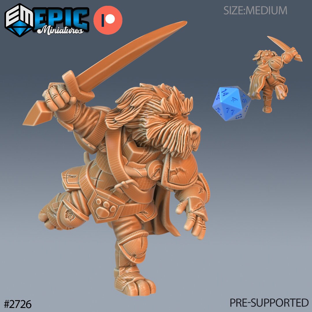 Resin miniatures by Epic Miniatures. Anthropomorphic dog option #7: fighter with raised sword, leaning forward to attack.