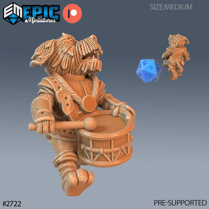 Resin miniatures by Epic Miniatures. Anthropomorphic dog option #4: drummer carrying a drum and playing with one drumstick.
