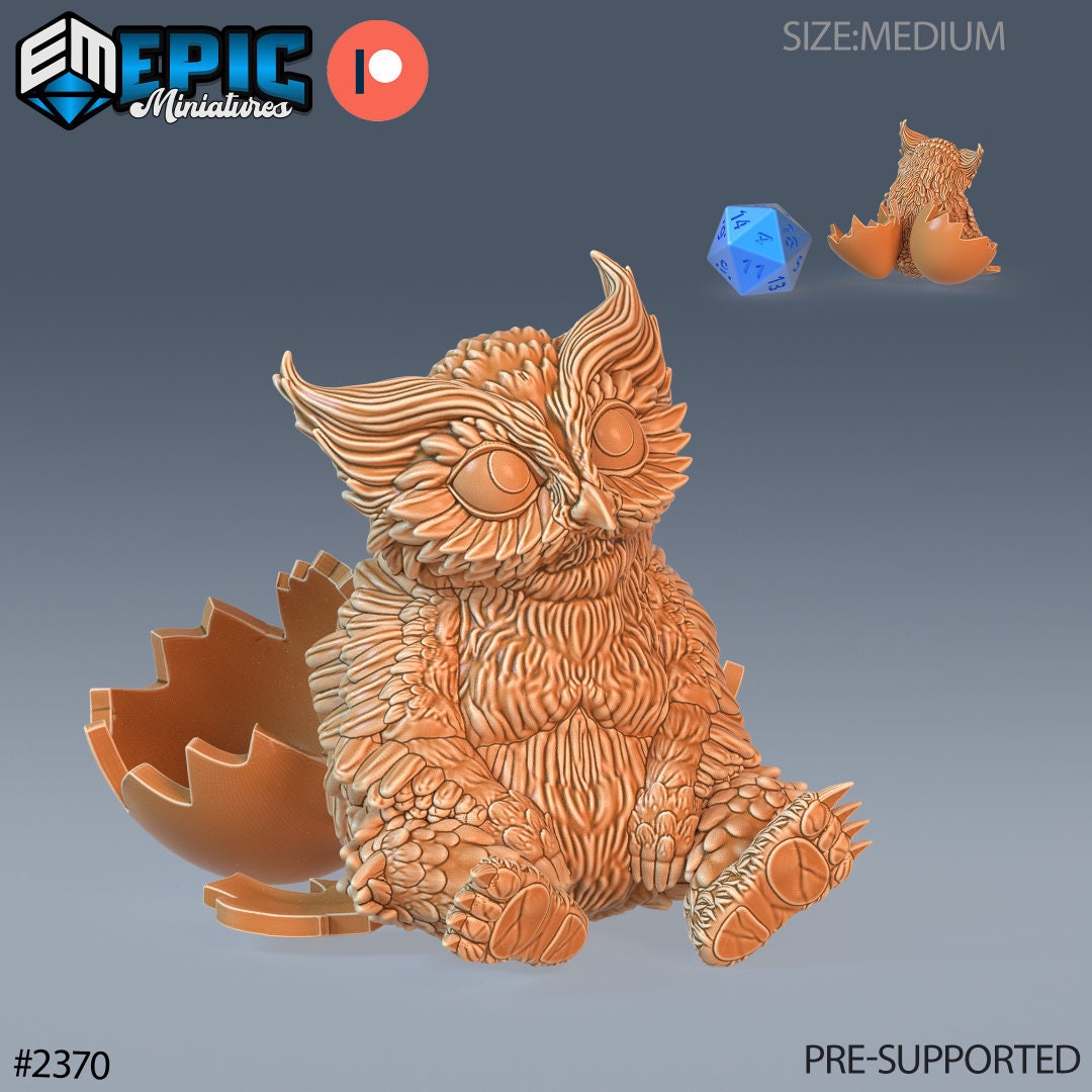 Resin miniatures by Epic Miniatures. Baby owlbear option #4: hatchling sitting in front of empty eggshell.
