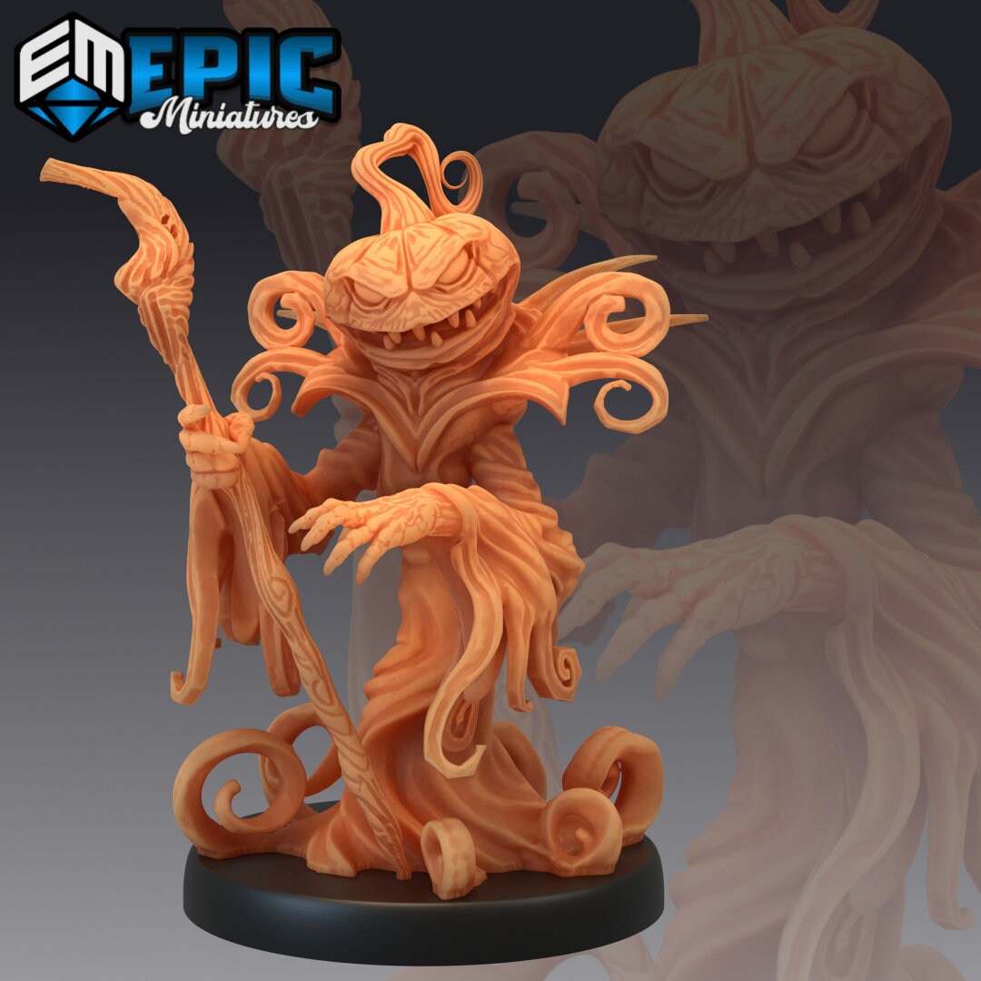 Resin miniature by Epic Miniatures. Pumpkin reaper option #2: pumpkin-headed, robed figure holding a staff.