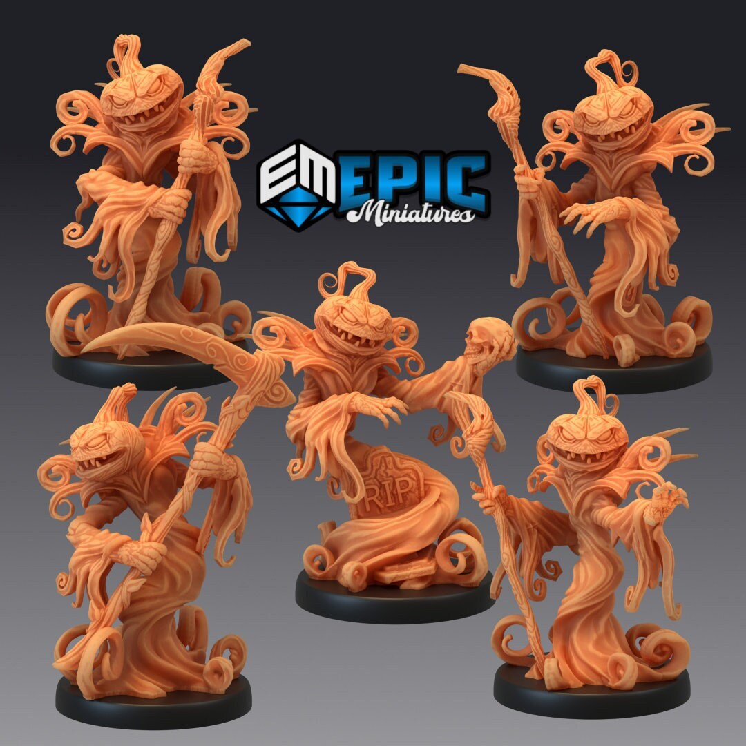Resin miniatures by Epic Miniatures. Five pumpkin-headed reaper options.