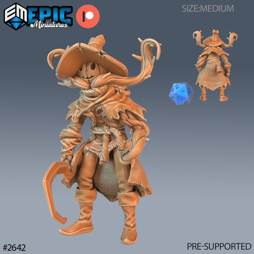 Resin miniature by Epic Miniatures. Pumpkin-headed scarecrow option #2: holding a sickle.