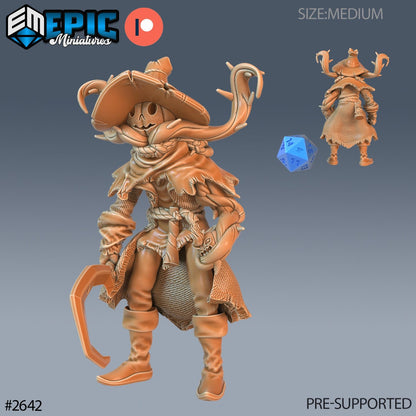 Resin miniature by Epic Miniatures. Pumpkin-headed scarecrow option #2: holding a sickle.