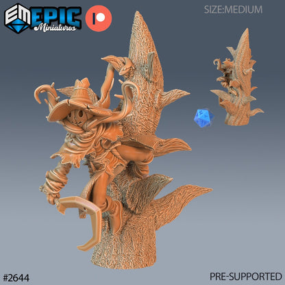 Resin miniature by Epic Miniatures. Pumpkin-headed scarecrow option #3: holding a sickle, climbing a huge, thorny stalk.