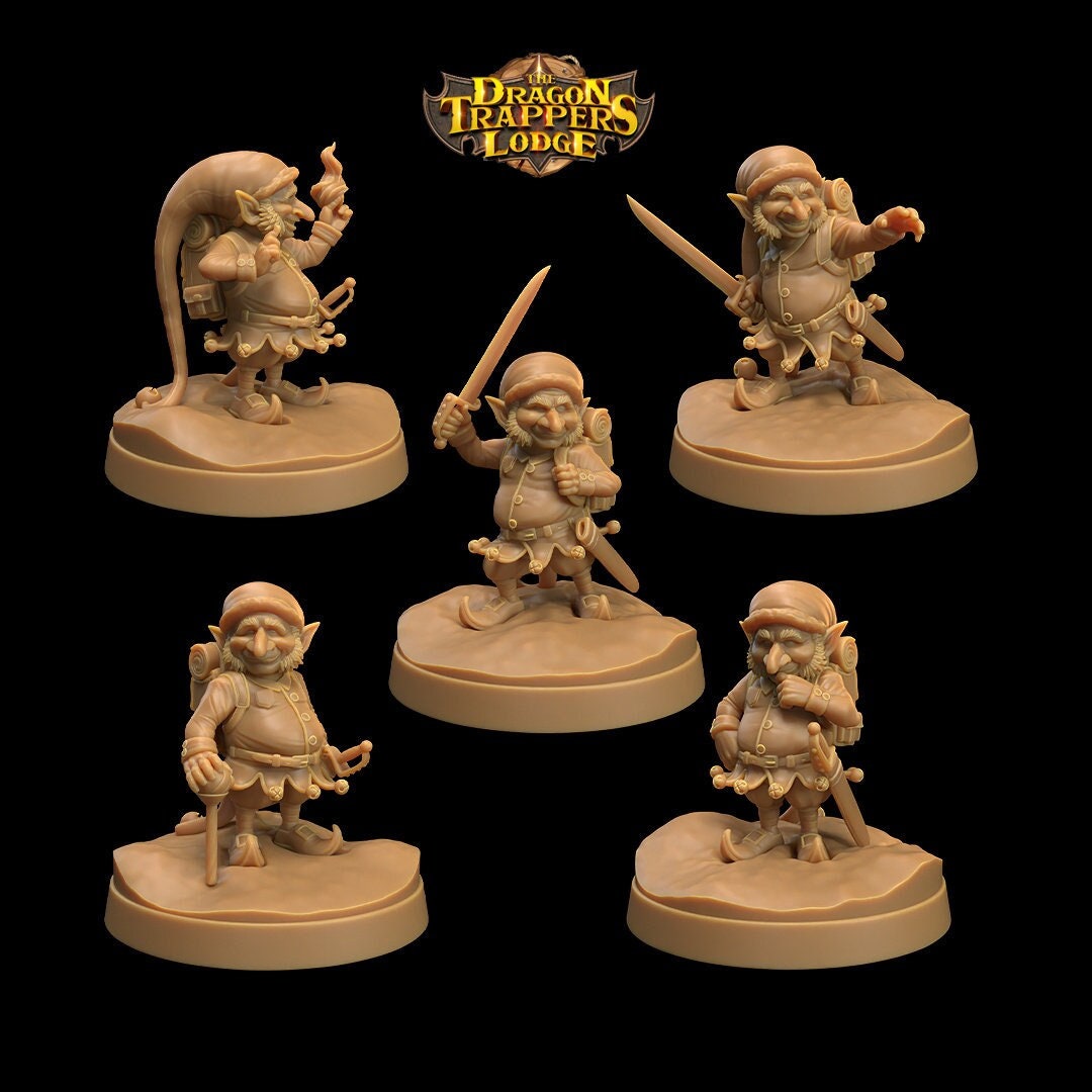 Set of five Christmas elf resin miniatures by The Dragon Trapper's Lodge.