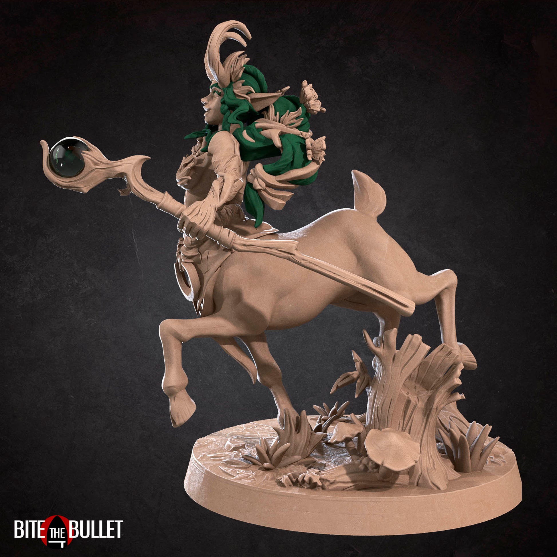 Horned centaur dryad resin miniature by Bite the Bullet. Version #1: staff with orb.