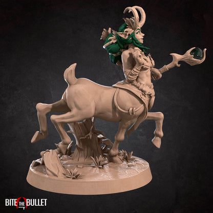Horned centaur dryad resin miniature by Bite the Bullet. Version #1: staff with orb.