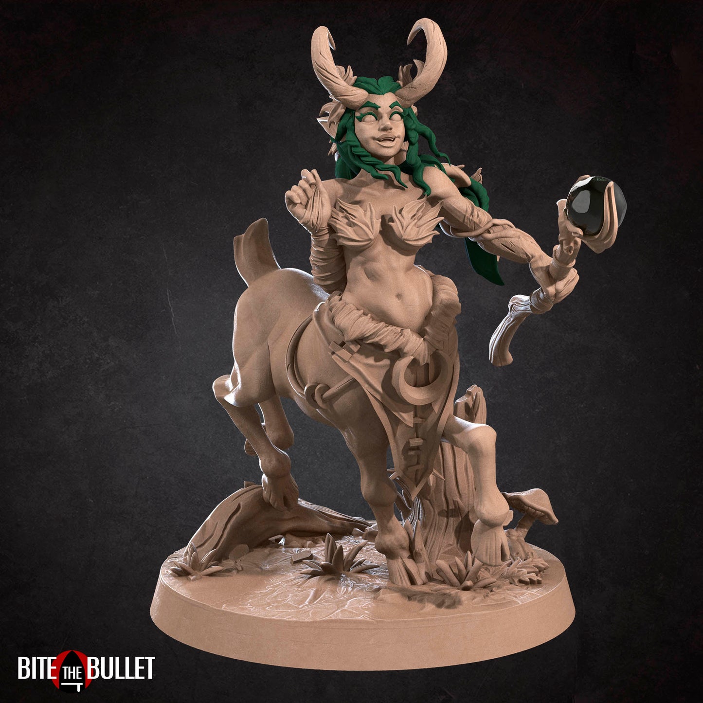 Horned centaur dryad resin miniature by Bite the Bullet. Version #1: staff with orb.