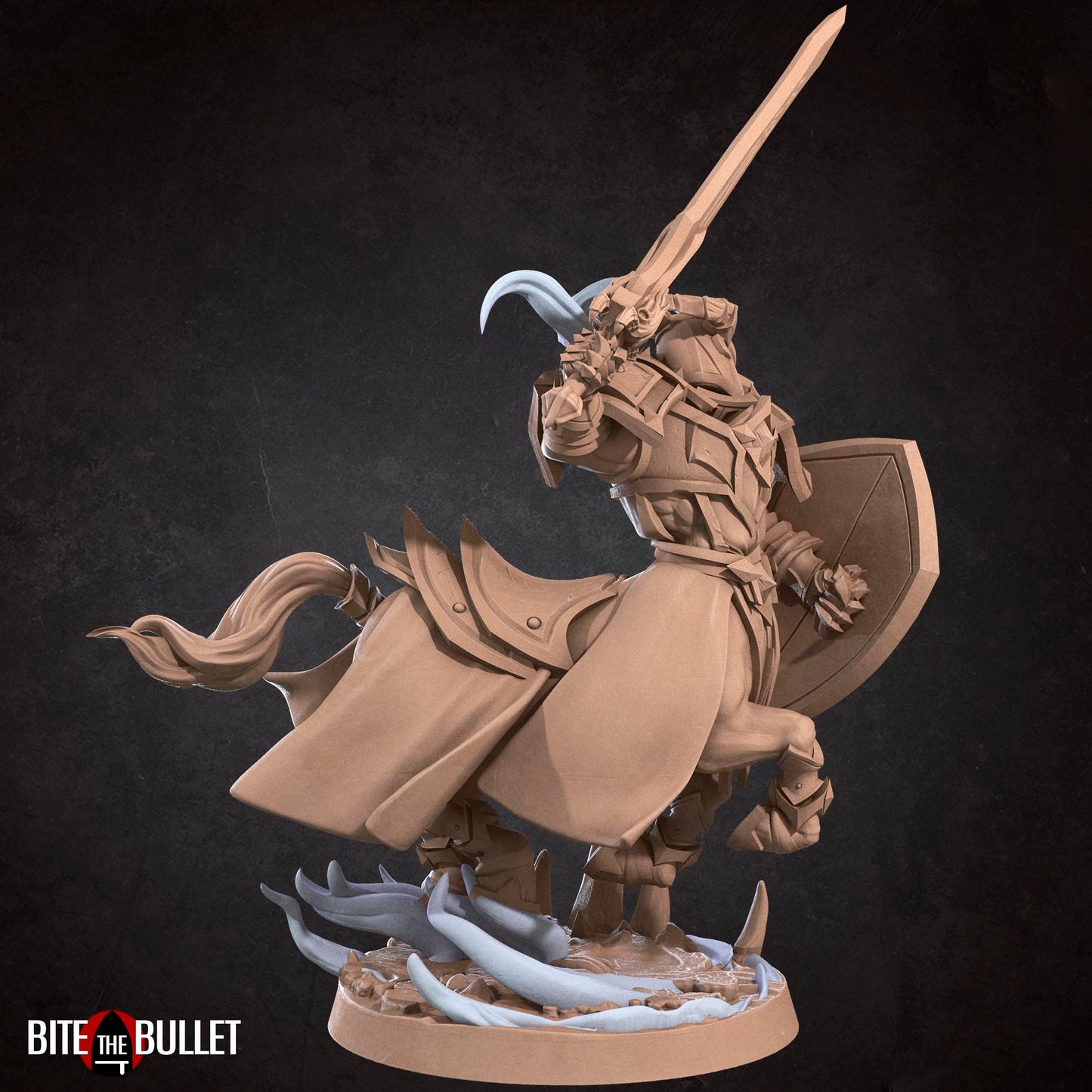 Horned centaur knight resin miniature by Bite the Bullet. Version #1: sword and shield.
