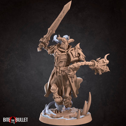 Horned centaur knight resin miniature by Bite the Bullet. Version #3: sword and flail.