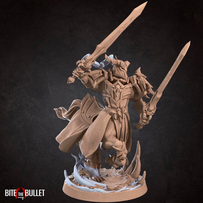 Horned centaur knight resin miniature by Bite the Bullet. Version #2: dual swords.