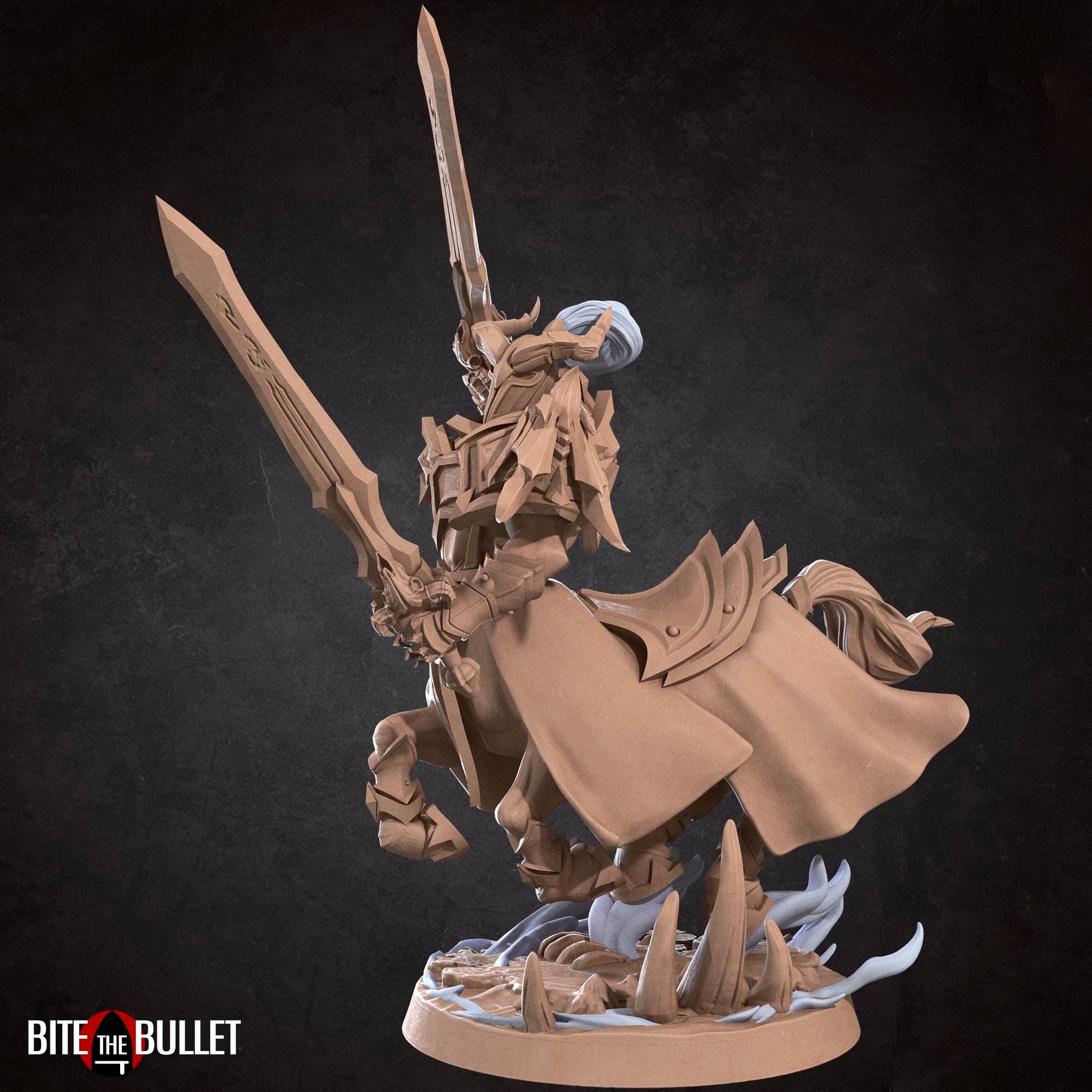 Horned centaur knight resin miniature by Bite the Bullet. Version #2: dual swords.