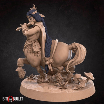 Centaur bard playing a flute; resin miniature by Bite the Bullet.