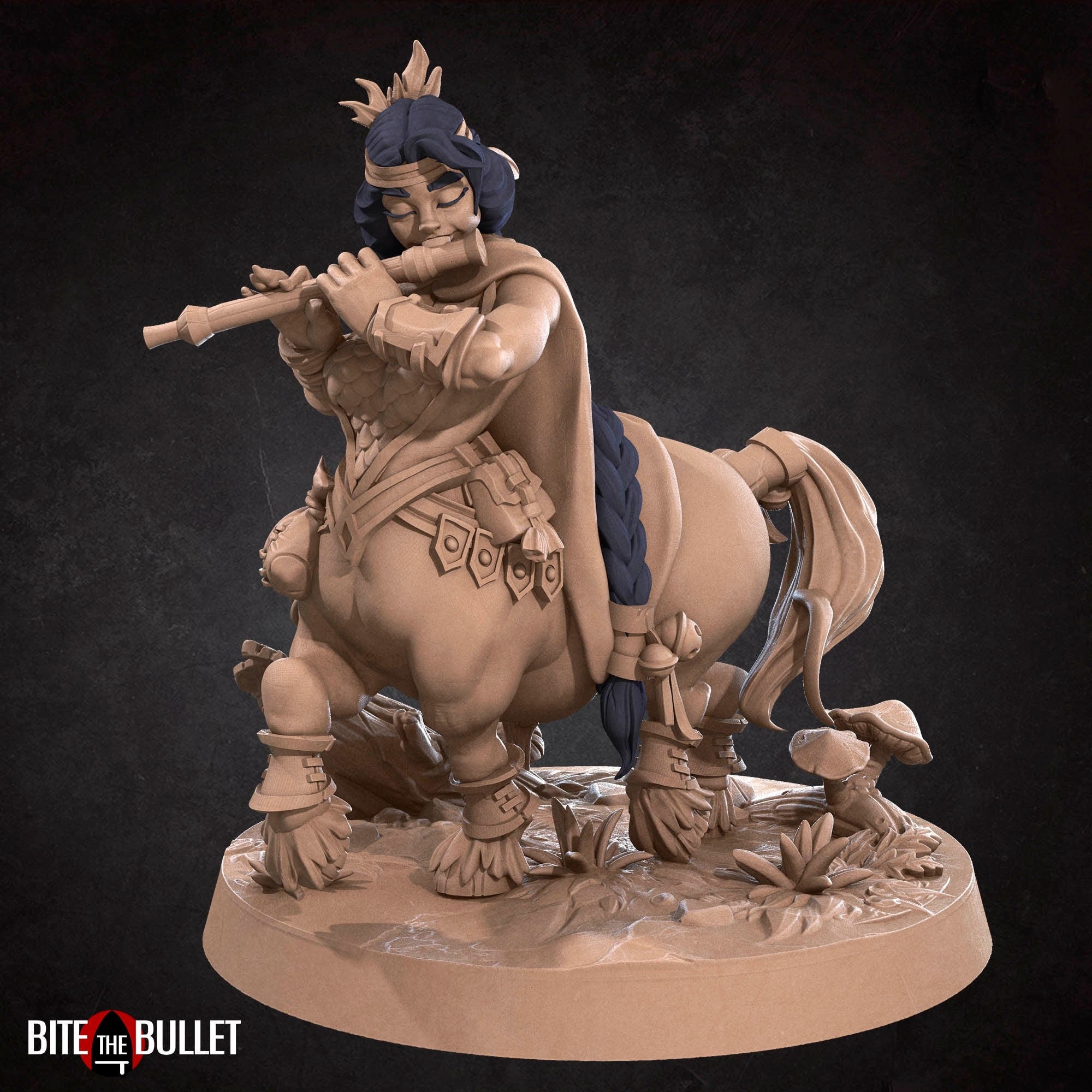 Centaur bard playing a flute; resin miniature by Bite the Bullet.