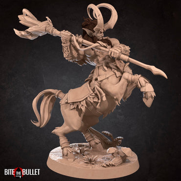 Centaur druid resin miniature by Bite the Bullet. Version #1: horns and a heavy staff.