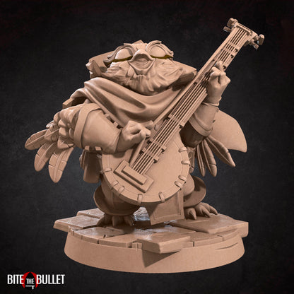 Owlfolk bard (anthropomorphic owl) resin miniature by Bite the Bullet.