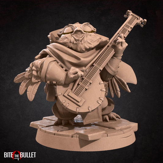 Owlfolk bard (anthropomorphic owl) resin miniature by Bite the Bullet.
