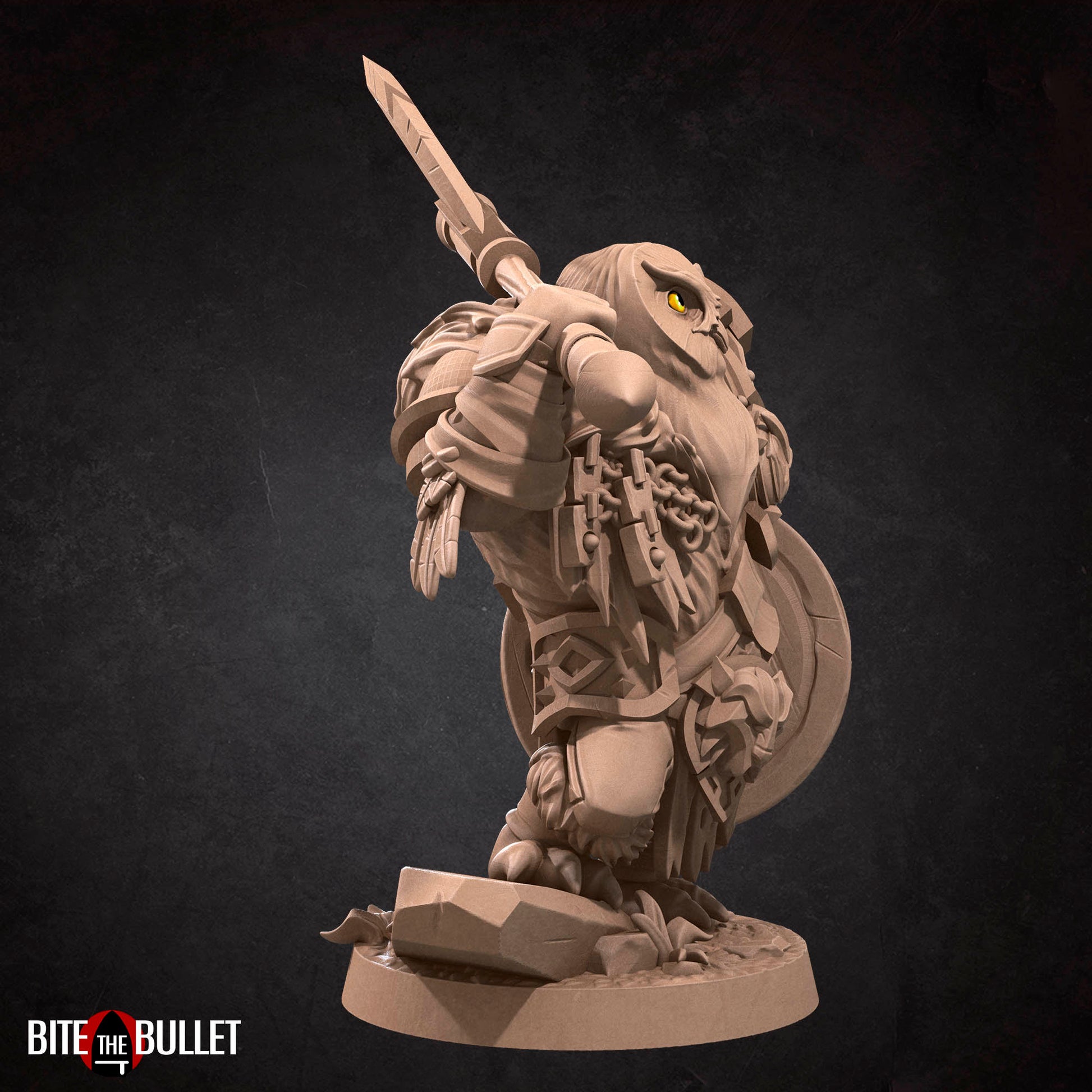 Owlfolk barbarian (anthropomorphic owl) resin miniature by Bite the Bullet.