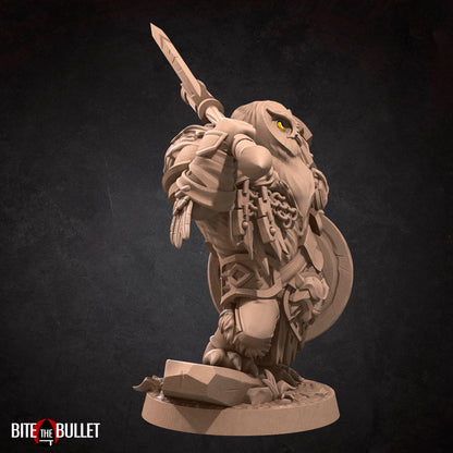 Owlfolk barbarian (anthropomorphic owl) resin miniature by Bite the Bullet.