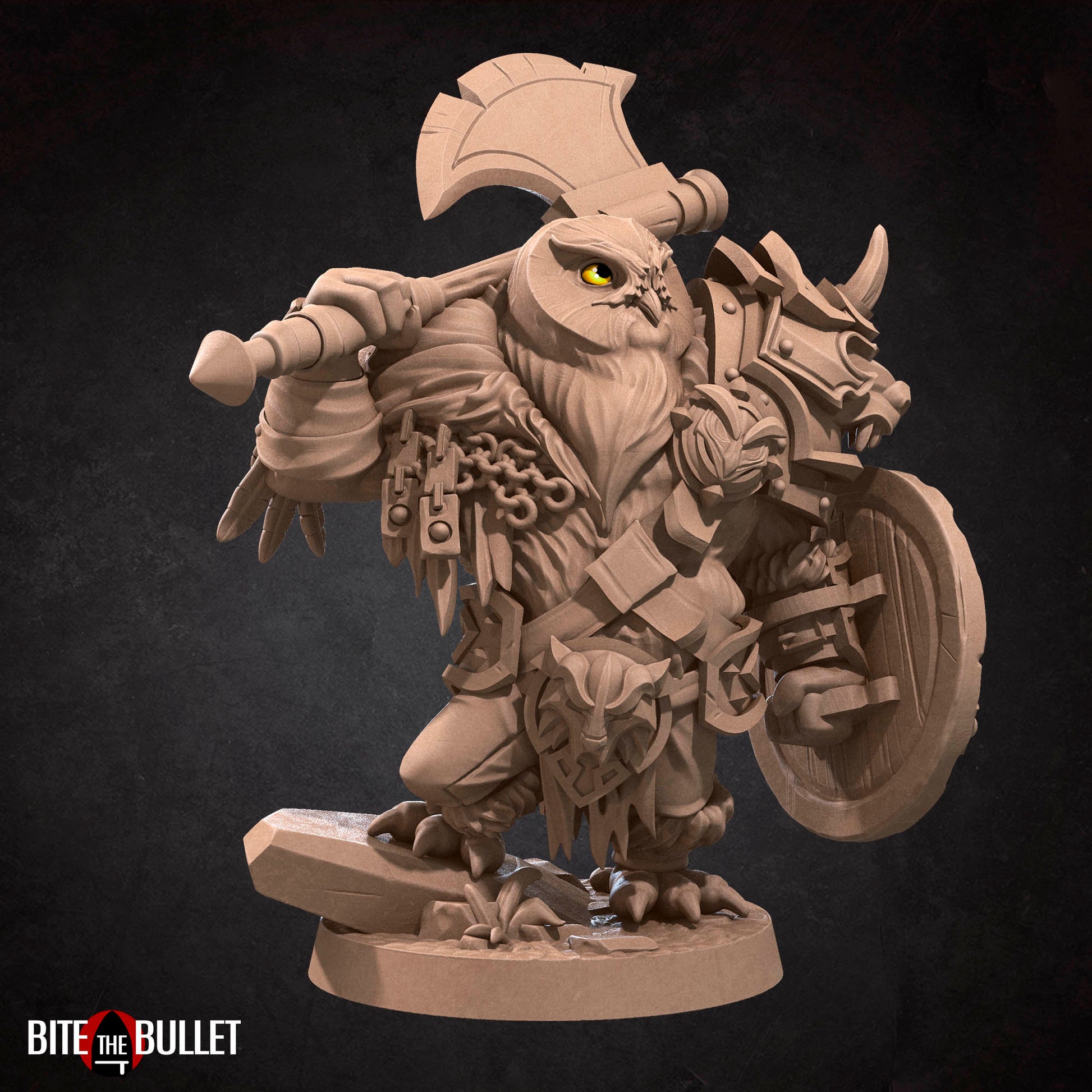 Owlfolk barbarian (anthropomorphic owl) resin miniature by Bite the Bullet.