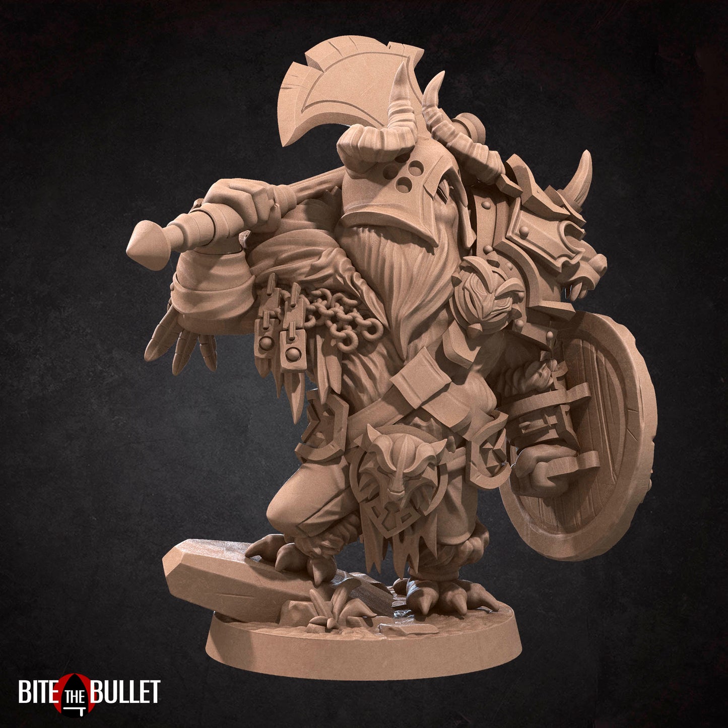 Owlfolk barbarian (anthropomorphic owl) resin miniature by Bite the Bullet.