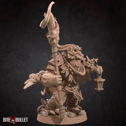 Owlfolk druid (anthropomorphic owl) resin miniature by Bite the Bullet.