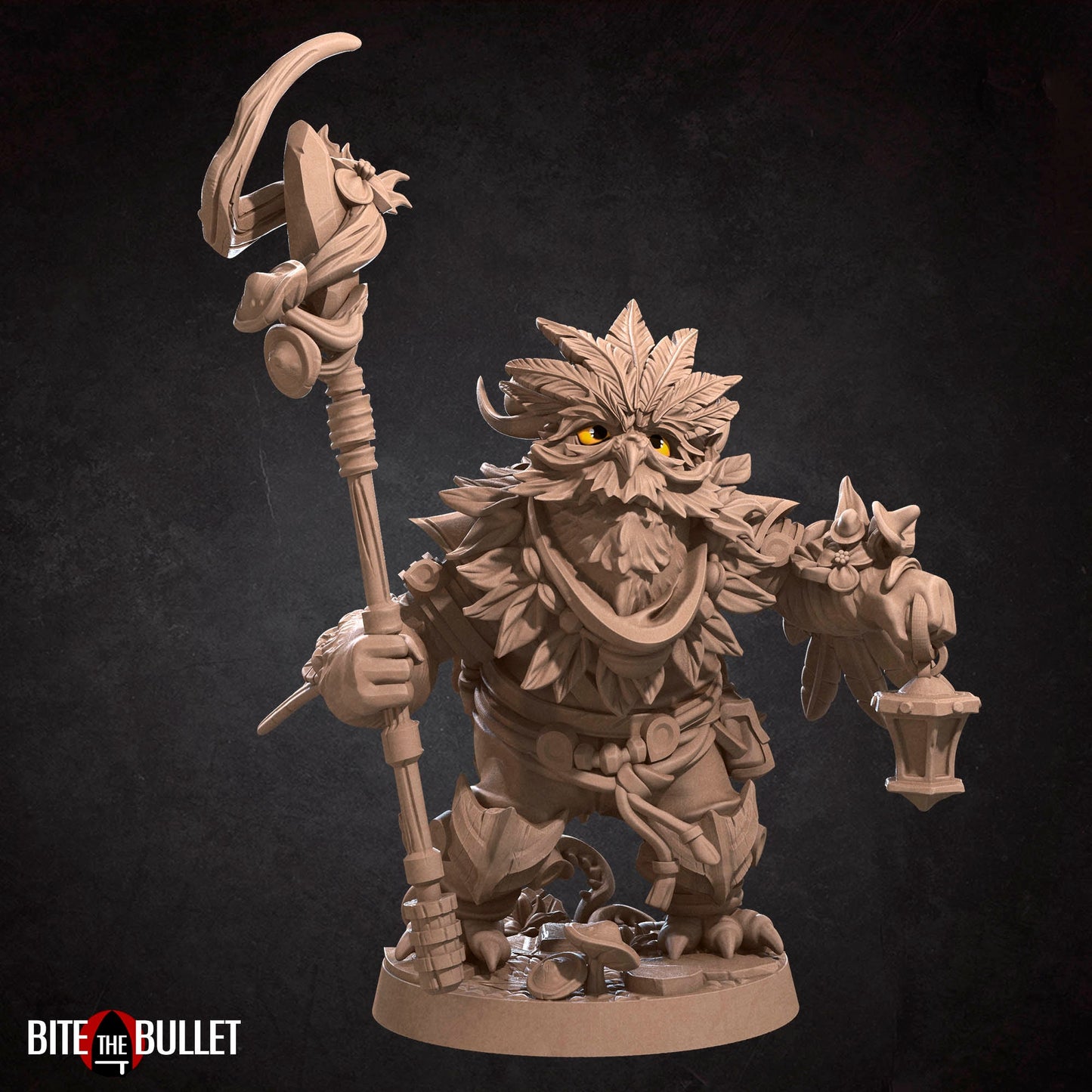 Owlfolk druid (anthropomorphic owl) resin miniature by Bite the Bullet.