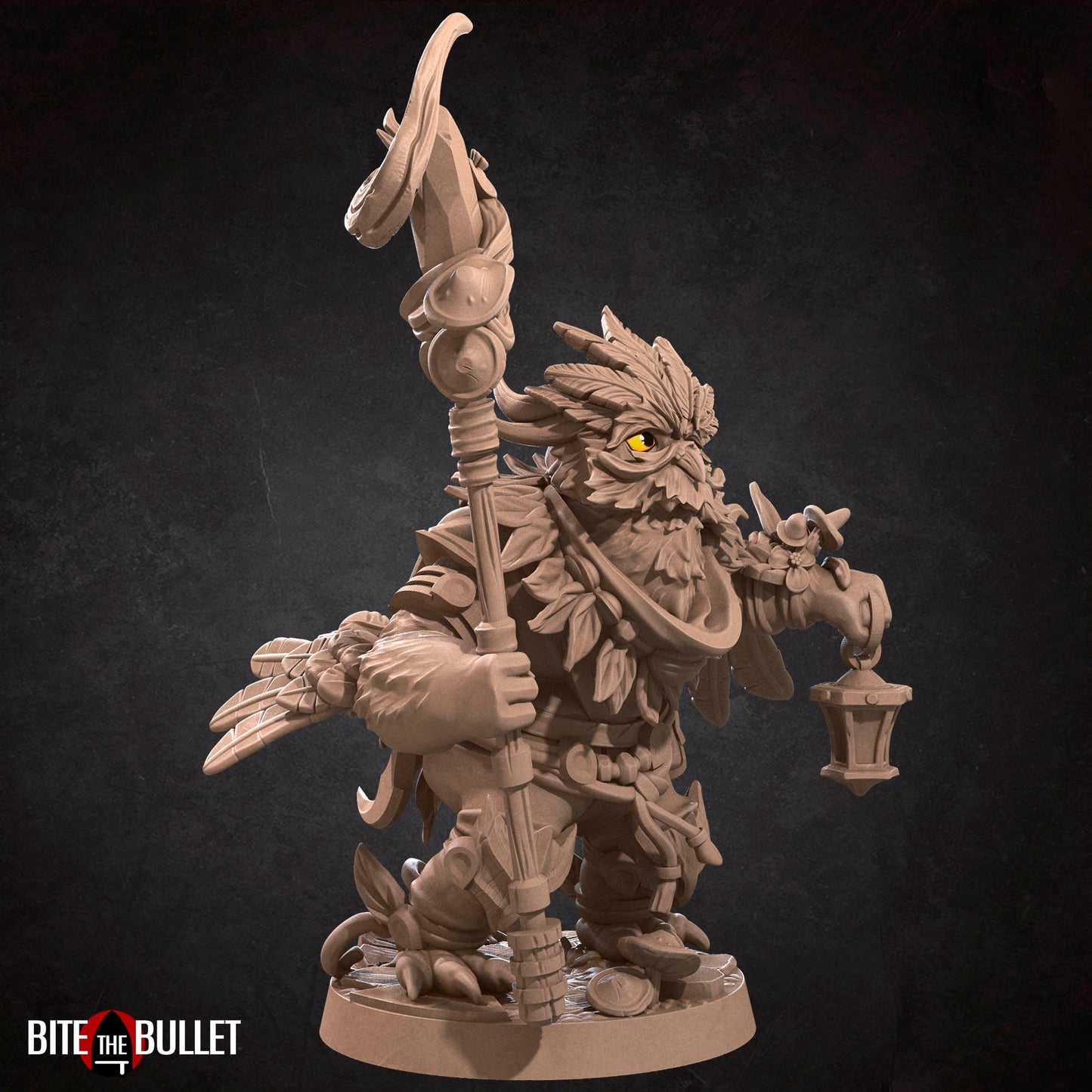 Owlfolk druid (anthropomorphic owl) resin miniature by Bite the Bullet.