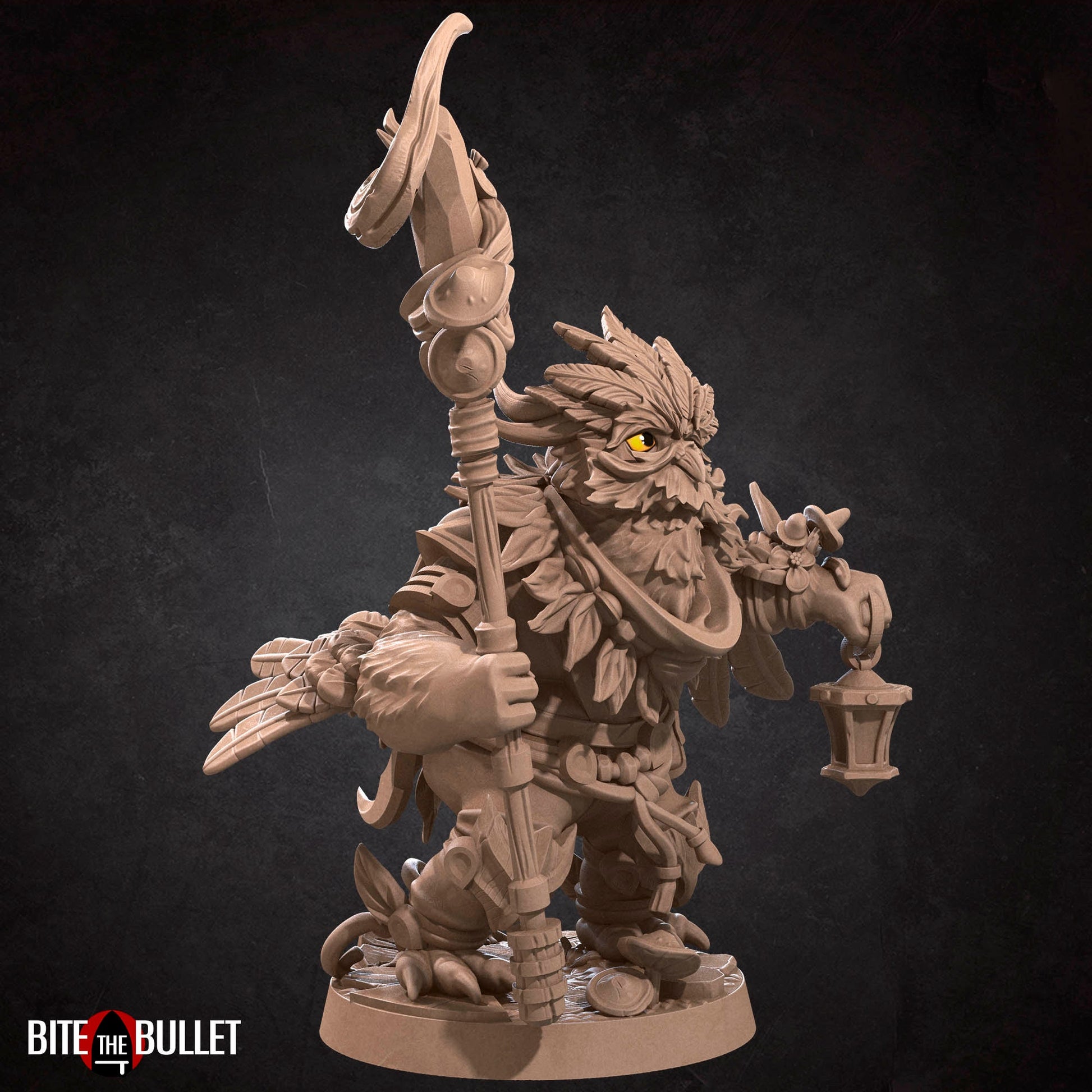 Owlfolk druid (anthropomorphic owl) resin miniature by Bite the Bullet.