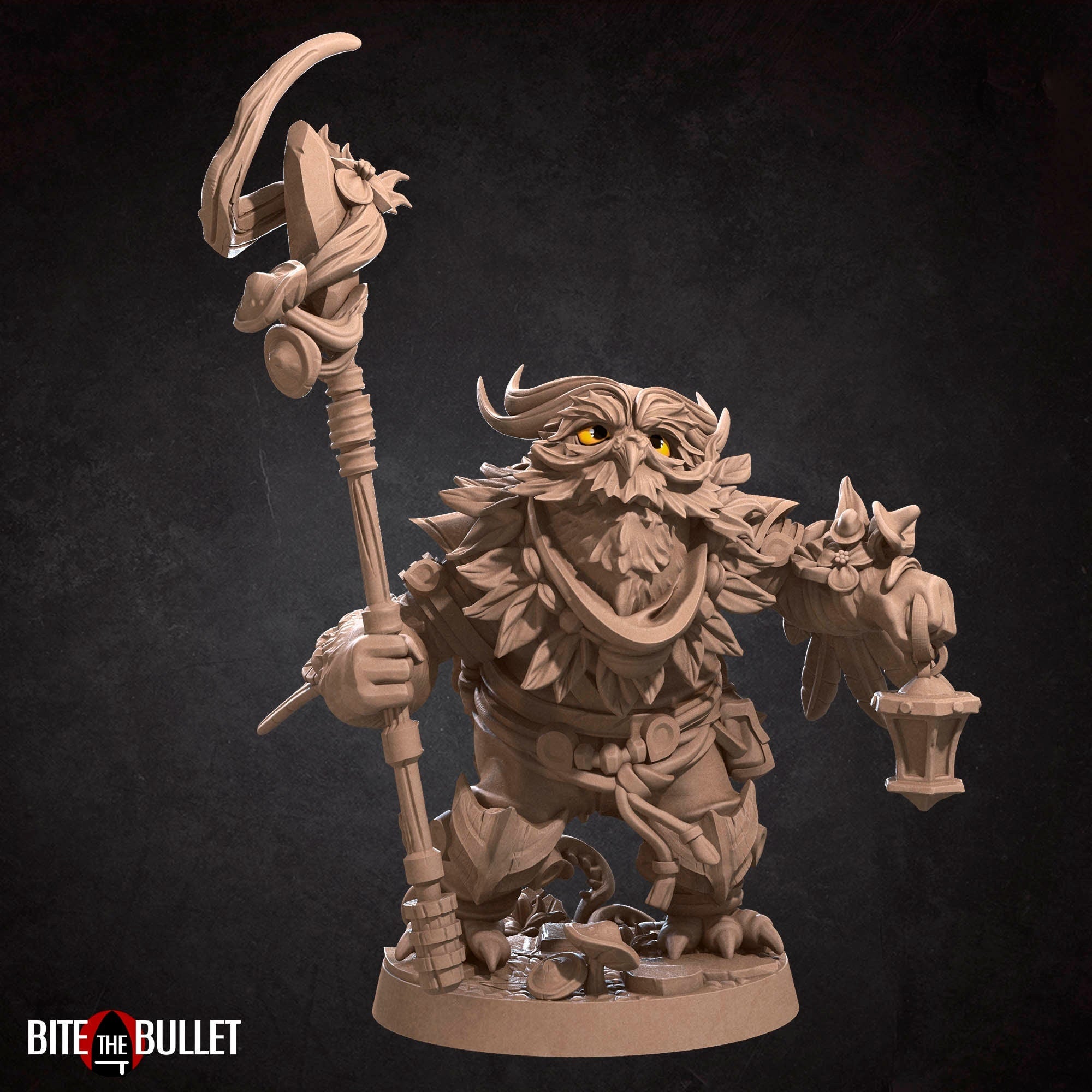 Owlfolk druid (anthropomorphic owl) resin miniature by Bite the Bullet.