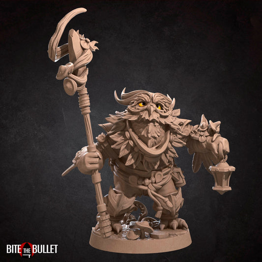 Owlfolk druid (anthropomorphic owl) resin miniature by Bite the Bullet.
