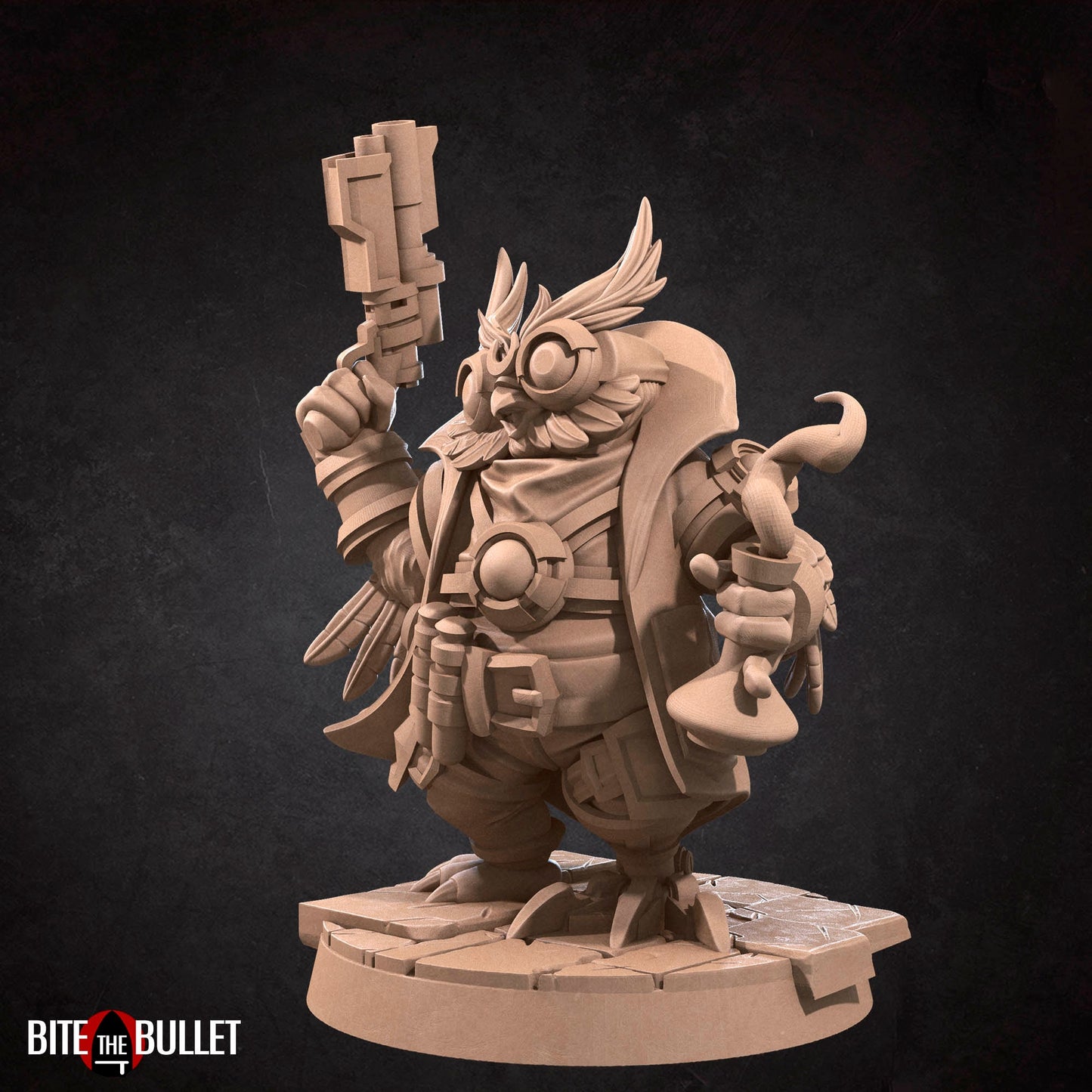 Owlfolk artificer/blacksmith (anthropomorphic owl) resin miniature by Bite the Bullet.