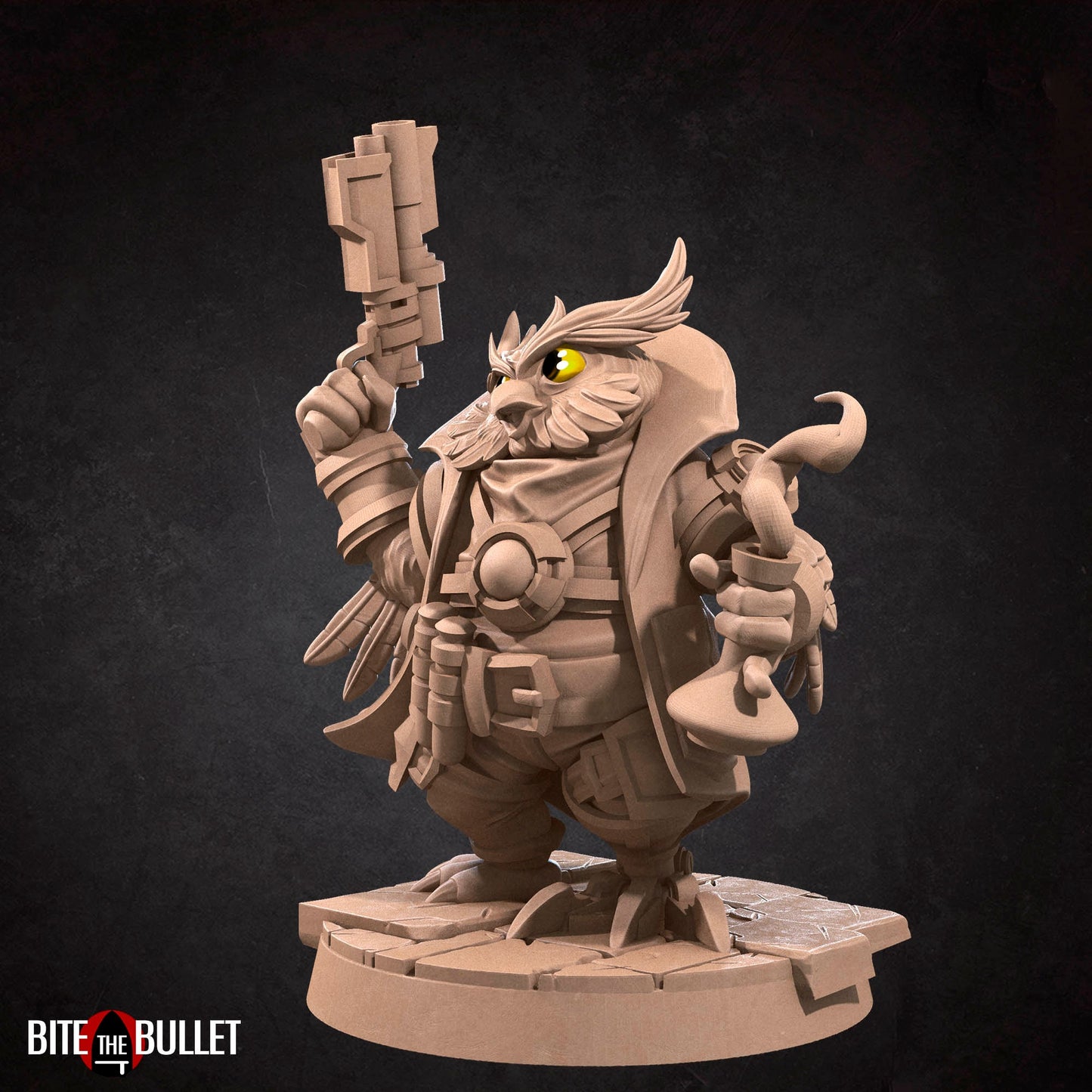 Owlfolk artificer/blacksmith (anthropomorphic owl) resin miniature by Bite the Bullet.